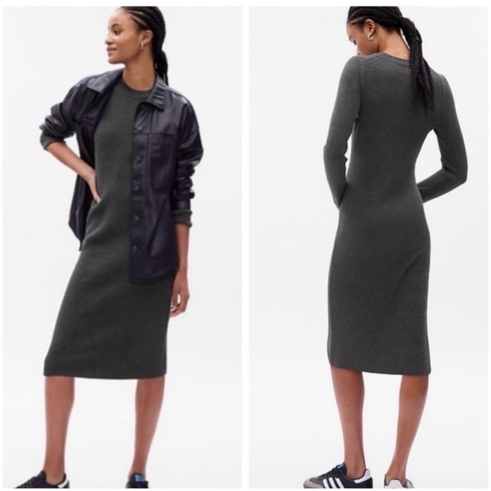 GAP CashSoft Charcoal Grey Long-Sleeve Ribbed Midi Dress